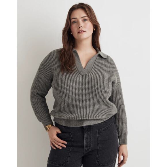 Madewell Waffle-Knit Henley Sweater Womens Plus 2X Cotton Wool Gray Long Sleeve - Picture 1 of 11